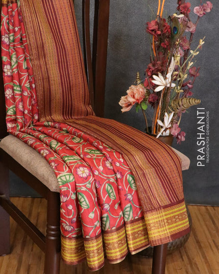 Semi linen saree red and yellow with allover floral prints and simple border - IVO1433 - {{ collection.title }} by Prashanti Sarees