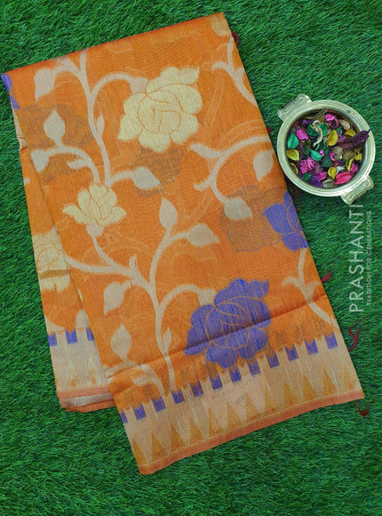 Semi Linen Saree rust orange with floral thread and zari weaving in borderless style - {{ collection.title }} by Prashanti Sarees