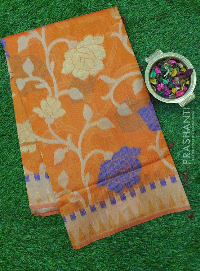 Semi Linen Saree rust orange with floral thread and zari weaving in borderless style - {{ collection.title }} by Prashanti Sarees