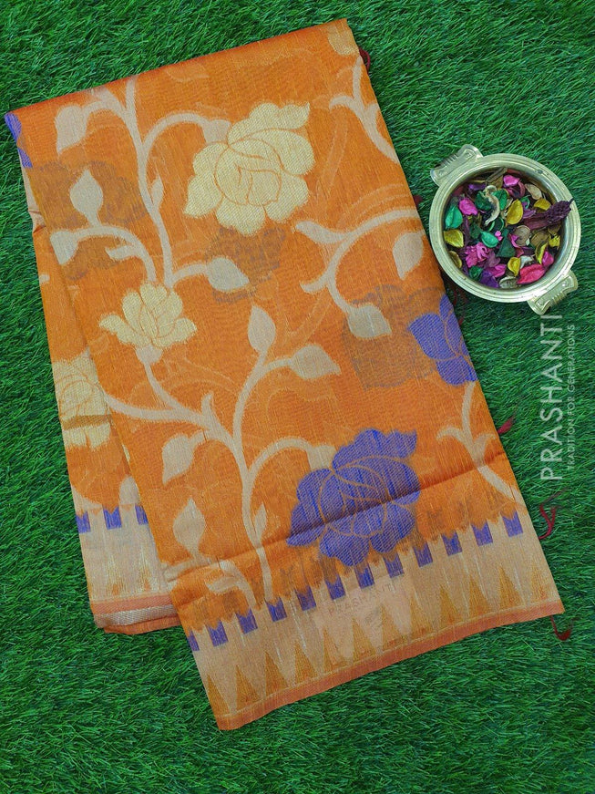 Semi Linen Saree rust orange with floral thread and zari weaving in borderless style - {{ collection.title }} by Prashanti Sarees