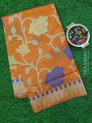 Semi Linen Saree rust orange with floral thread and zari weaving in borderless style