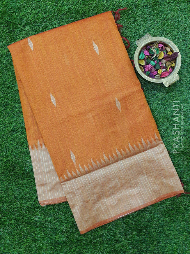 Semi Linen Saree rust orange with thread and zari woven buttas and woven border - {{ collection.title }} by Prashanti Sarees
