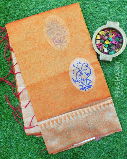Semi Linen Saree rust orange with thread and zari woven floral weaves and border - {{ collection.title }} by Prashanti Sarees