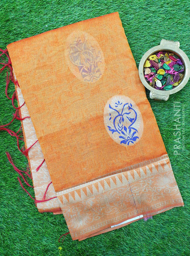 Semi Linen Saree rust orange with thread and zari woven floral weaves and border - {{ collection.title }} by Prashanti Sarees