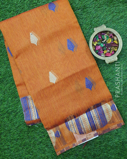 Semi Linen Saree rust orange with thread woven buttas in borderless style - {{ collection.title }} by Prashanti Sarees