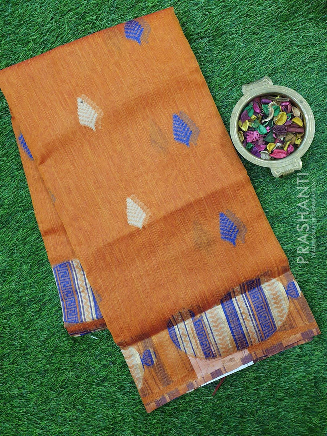 Semi Linen Saree rust orange with thread woven buttas in borderless style - {{ collection.title }} by Prashanti Sarees