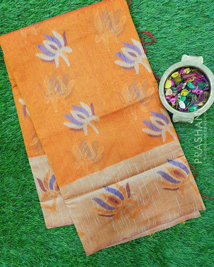 Semi Linen Saree rust orange with thread woven floral buttas and woven border - {{ collection.title }} by Prashanti Sarees