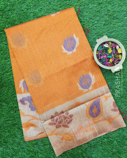 Semi Linen Saree rust orange with thread woven floral buttas and woven border - {{ collection.title }} by Prashanti Sarees