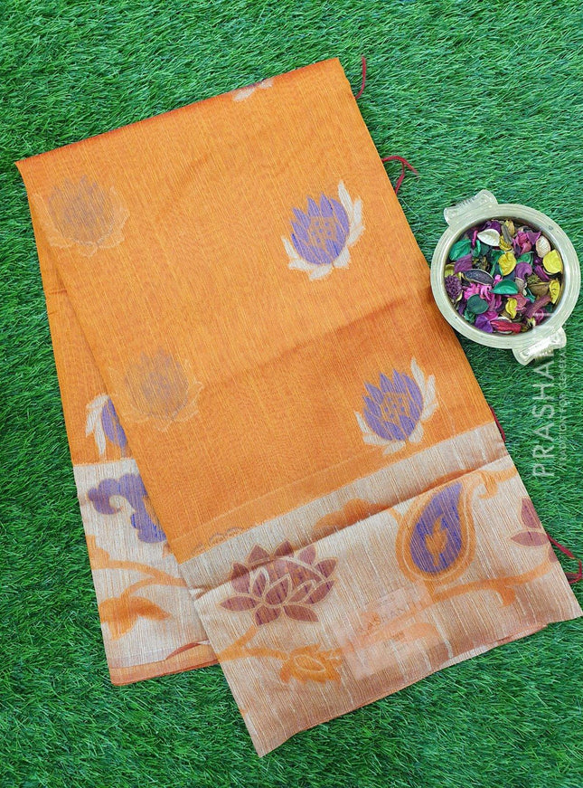 Semi Linen Saree rust orange with thread woven floral buttas and woven border - {{ collection.title }} by Prashanti Sarees