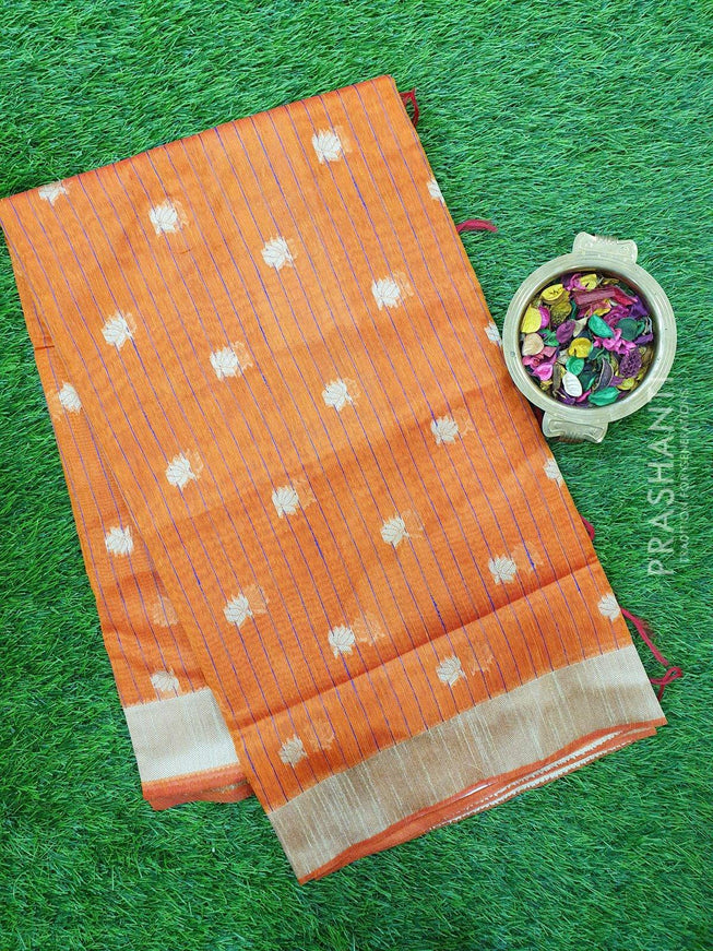 Semi Linen Saree rust orange with thread woven lines and floral buttas with woven border - {{ collection.title }} by Prashanti Sarees