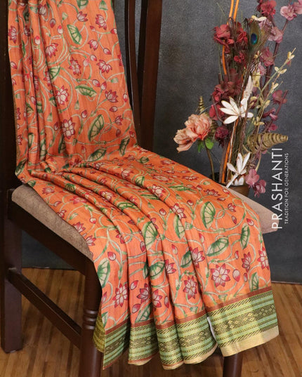 Semi linen saree rustic orange and brown with allover floral prints and simple border - {{ collection.title }} by Prashanti Sarees