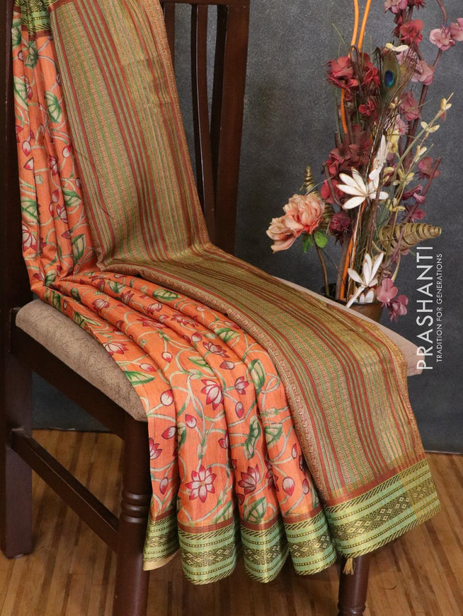 Semi linen saree rustic orange and brown with allover floral prints and simple border - {{ collection.title }} by Prashanti Sarees