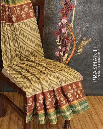 Semi linen saree sandal and brown with allover prints and simple border - {{ collection.title }} by Prashanti Sarees
