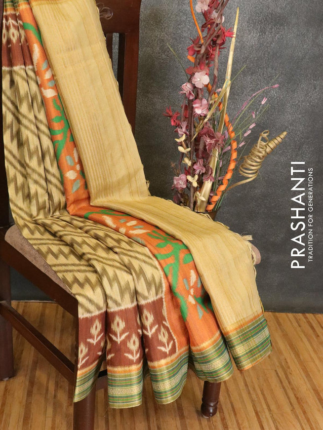 Semi linen saree sandal and brown with allover prints and simple border - {{ collection.title }} by Prashanti Sarees