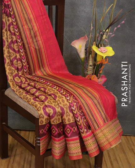 Semi linen saree sandal and dark pink with allover prints and simple border - IVO1523 - {{ collection.title }} by Prashanti Sarees