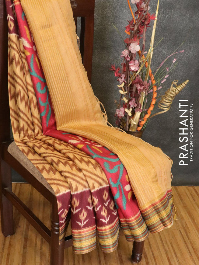 Semi linen saree sandal and deep maroon with allover prints and simple border - {{ collection.title }} by Prashanti Sarees