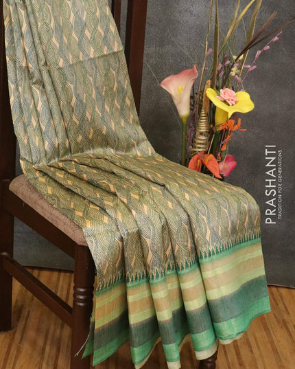 Semi linen saree sandal and green with allover prints and simple border - {{ collection.title }} by Prashanti Sarees