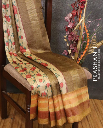 Semi linen saree sandal and mustard with allover floral prints and simple border - {{ collection.title }} by Prashanti Sarees