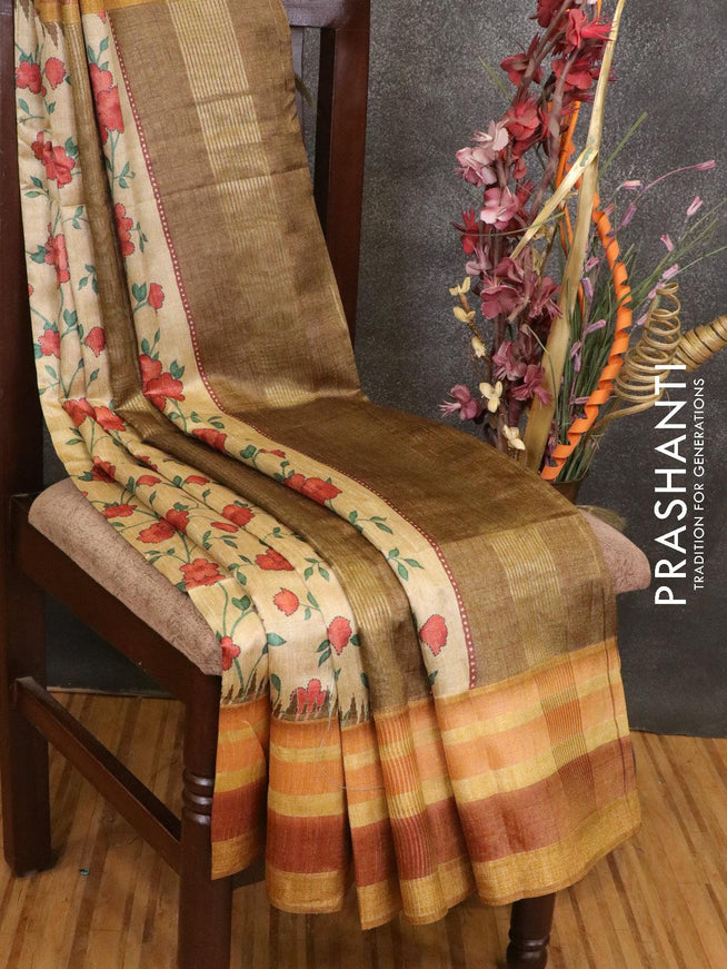 Semi linen saree sandal and mustard with allover floral prints and simple border - {{ collection.title }} by Prashanti Sarees