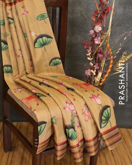 Semi linen saree sandal with allover floral prints and simple border - {{ collection.title }} by Prashanti Sarees