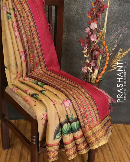Semi linen saree sandal with allover floral prints and simple border - {{ collection.title }} by Prashanti Sarees