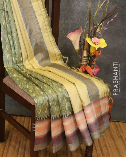 Semi linen saree yellow and grey with allover prints and simple border - {{ collection.title }} by Prashanti Sarees