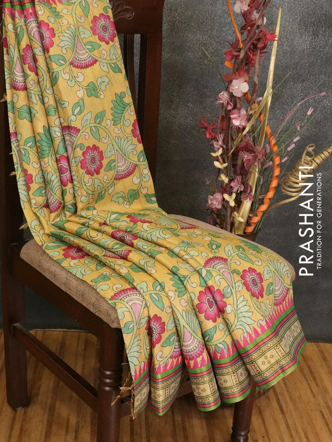 Semi linen saree yellow shade and green with allover floral prints and simple border - {{ collection.title }} by Prashanti Sarees