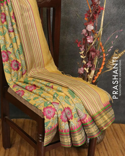 Semi linen saree yellow shade and green with allover floral prints and simple border - {{ collection.title }} by Prashanti Sarees