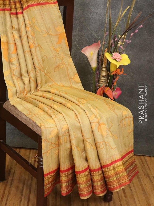 Semi linen saree yellow shade and red with allover prints and simple border - {{ collection.title }} by Prashanti Sarees