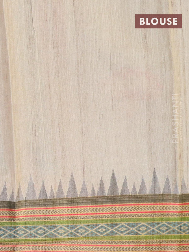 Semi linen silk saree beige with allover floral prints and zari woven border - {{ collection.title }} by Prashanti Sarees