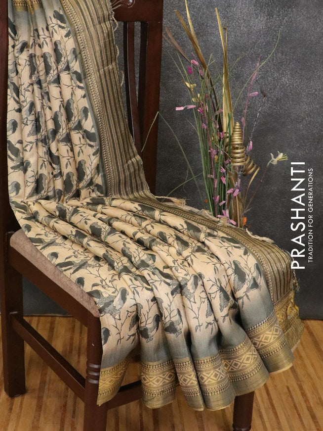 Semi linen silk saree cream and grey with allover prints and zari woven border - {{ collection.title }} by Prashanti Sarees