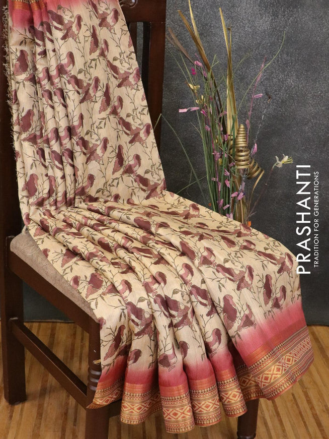 Semi linen silk saree cream and maroon with allover prints and zari woven border - {{ collection.title }} by Prashanti Sarees