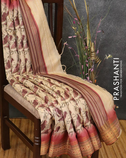 Semi linen silk saree cream and maroon with allover prints and zari woven border - {{ collection.title }} by Prashanti Sarees