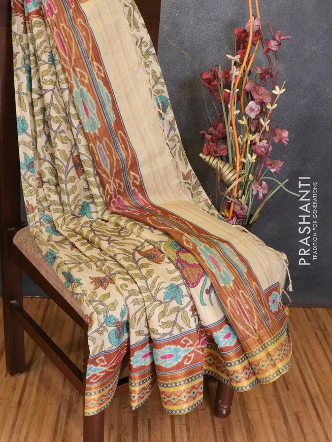 Semi linen silk saree cream and rustic brown with allover floral prints and zari woven border - {{ collection.title }} by Prashanti Sarees