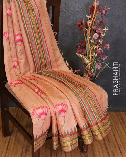 Semi linen silk saree peach and maroon with allover floral prints and zari woven border - {{ collection.title }} by Prashanti Sarees