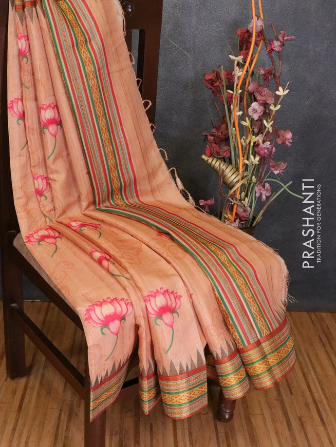 Semi linen silk saree peach and maroon with allover floral prints and zari woven border - {{ collection.title }} by Prashanti Sarees