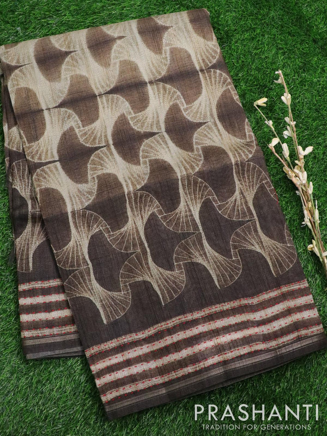 Semi matka saree brown with allover geometric prints and kantha stitch border - {{ collection.title }} by Prashanti Sarees