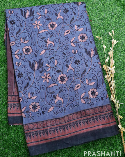 Semi matka saree dark grey and black with allover embroidery work and printed border - {{ collection.title }} by Prashanti Sarees