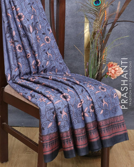 Semi matka saree dark grey and black with allover embroidery work and printed border - {{ collection.title }} by Prashanti Sarees
