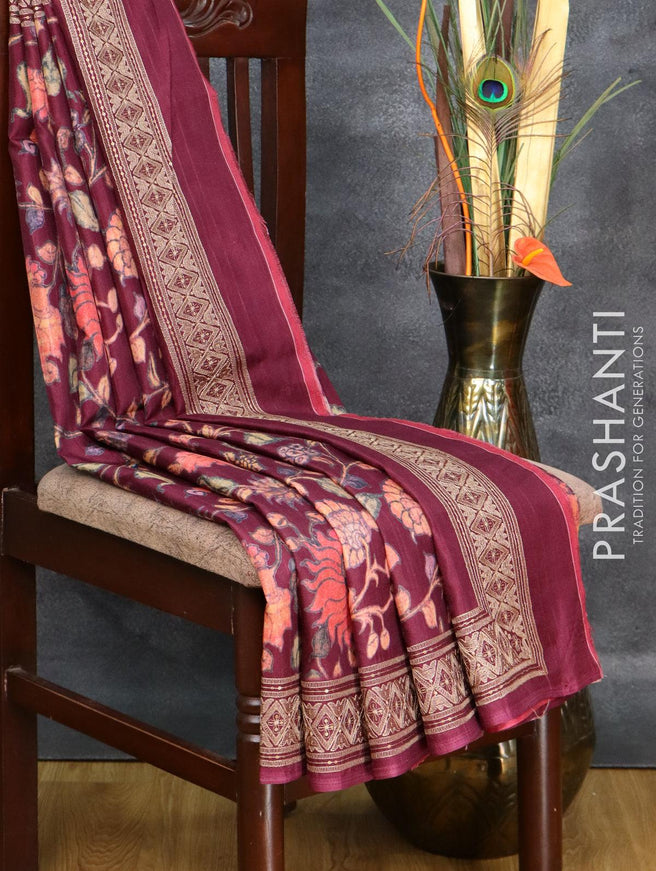 Semi matka saree dark magenta pink with allover digital prints and embroidery & sequin work border - {{ collection.title }} by Prashanti Sarees