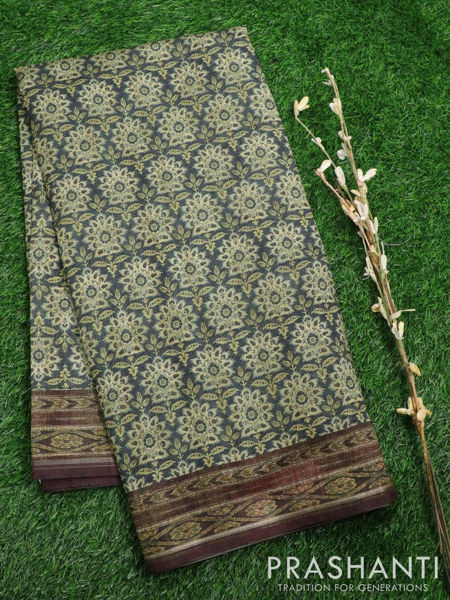 Semi matka saree elephant grey and brown with allover floral butta prints and printed border - {{ collection.title }} by Prashanti Sarees