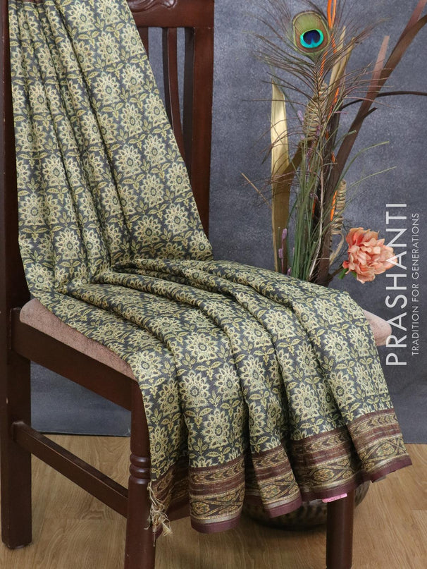 Semi matka saree elephant grey and brown with allover floral butta prints and printed border - {{ collection.title }} by Prashanti Sarees
