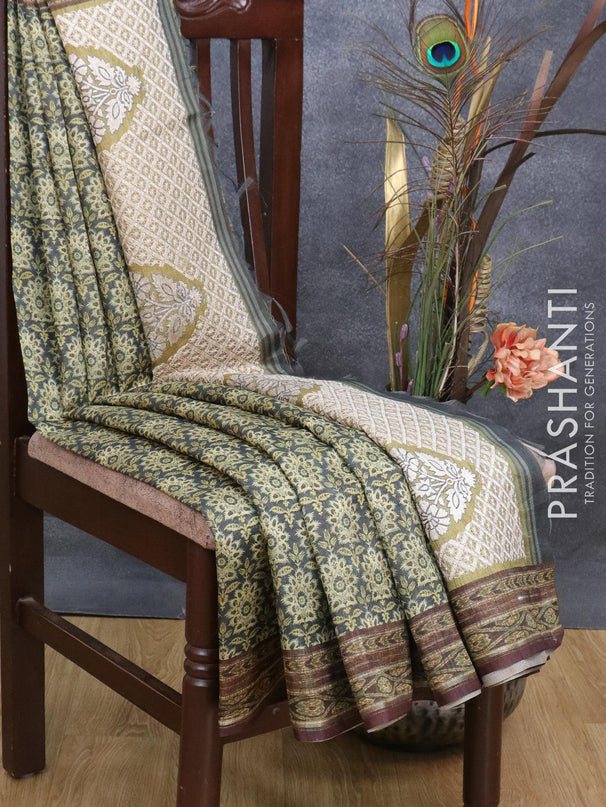 Semi matka saree elephant grey and brown with allover floral butta prints and printed border - {{ collection.title }} by Prashanti Sarees