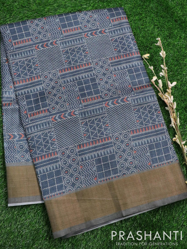 Semi matka saree elephant grey with allover prints and zari woven border - {{ collection.title }} by Prashanti Sarees