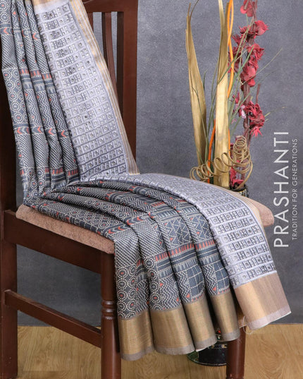 Semi matka saree elephant grey with allover prints and zari woven border - {{ collection.title }} by Prashanti Sarees