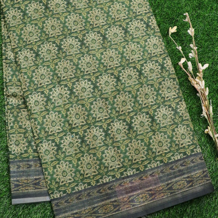 Semi matka saree green and dark grey with allover floral butta prints and printed border - {{ collection.title }} by Prashanti Sarees