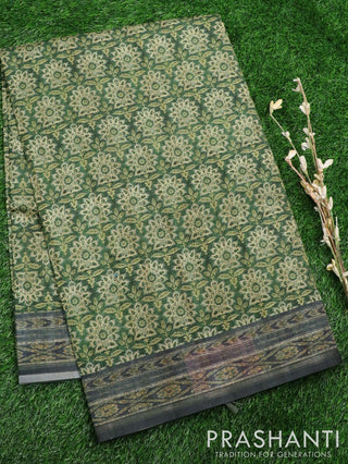 Semi matka saree green and dark grey with allover floral butta prints and printed border
