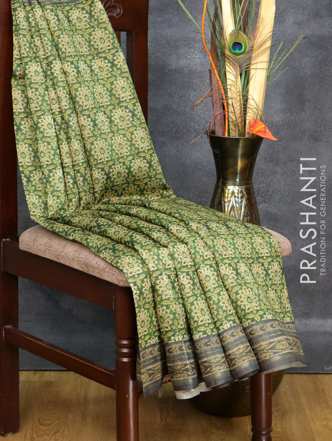 Semi matka saree green and dark grey with allover floral butta prints and printed border - {{ collection.title }} by Prashanti Sarees