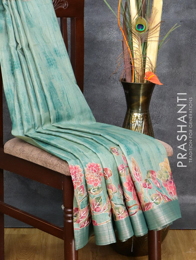 Semi matka saree green shade with allover floral prints embroidery work and zari woven border - {{ collection.title }} by Prashanti Sarees