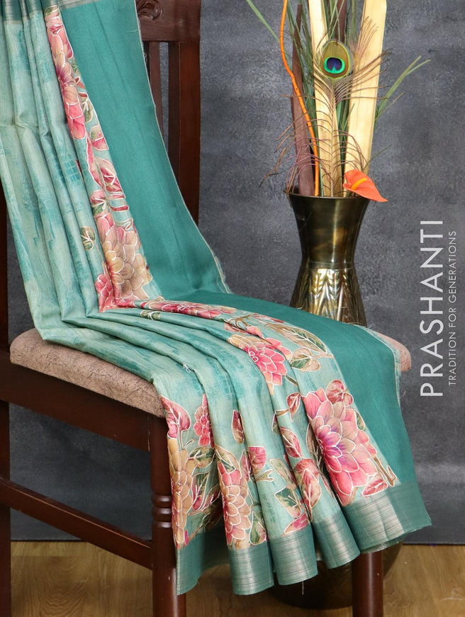 Semi matka saree green shade with allover floral prints embroidery work and zari woven border - {{ collection.title }} by Prashanti Sarees